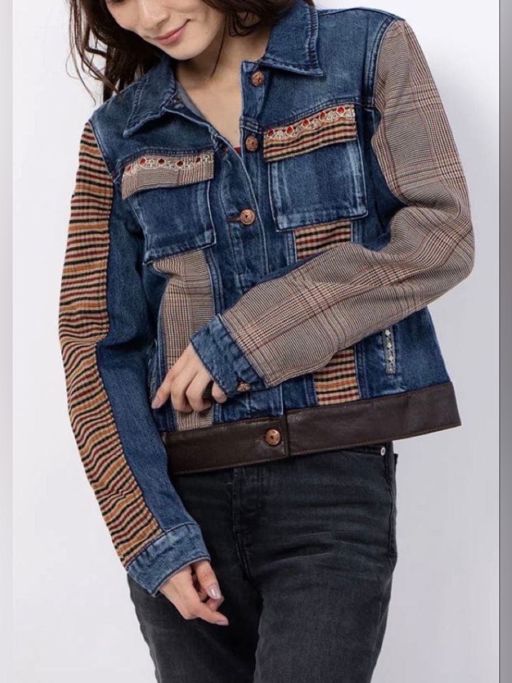 Desigual "Almu" Denim and Tartan Patchwork Jacket 44